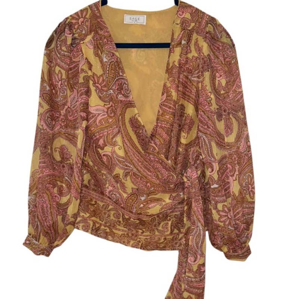 SAGE THE LABEL TAN PINK PAISLEY FLORAL TIE CLOSE POOF SLEEVE SMALL